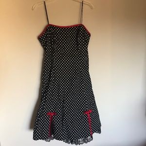 Black polka dot strapless dress. Optional straps. A. Byer.